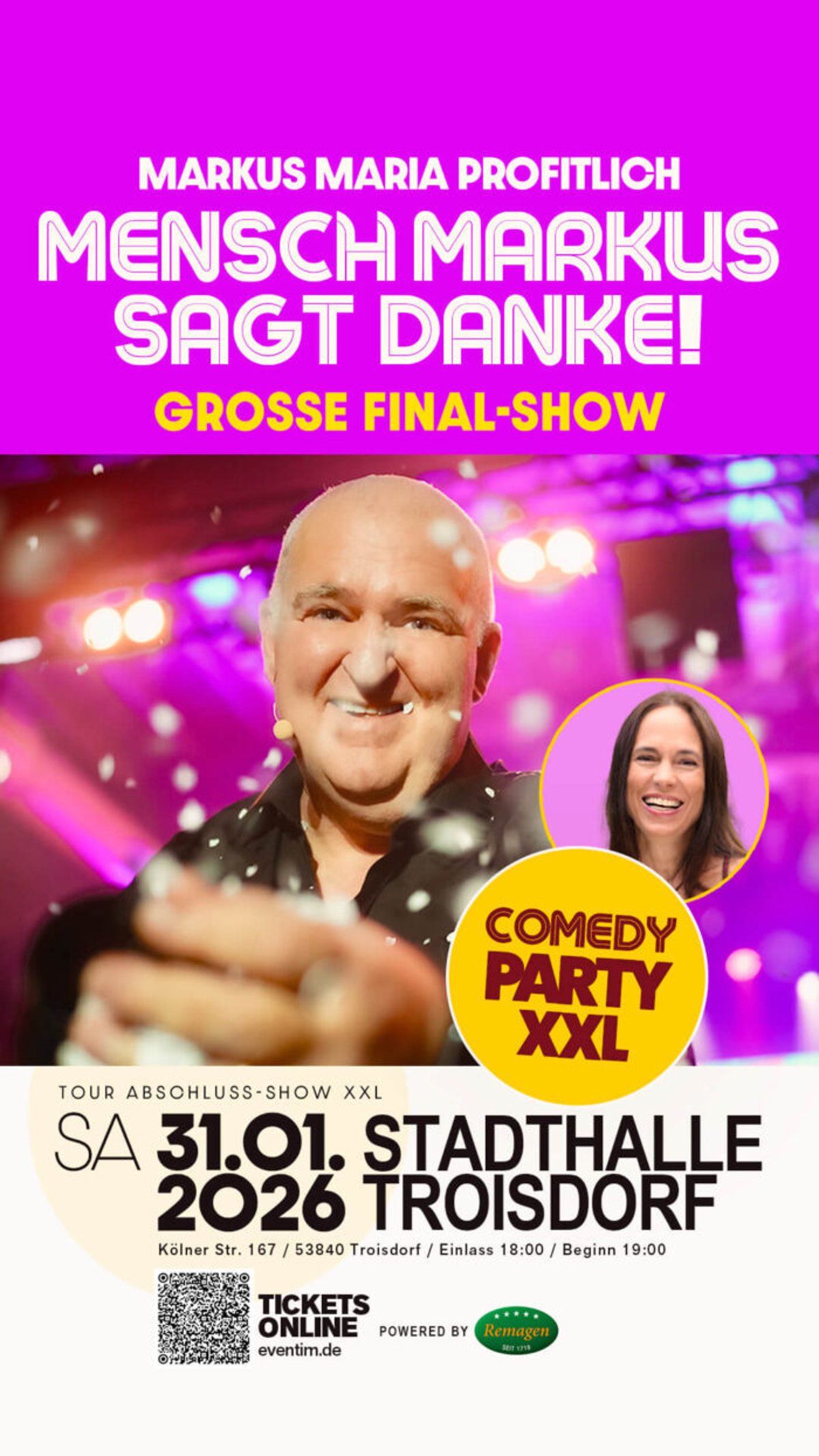 Das Bild zeigt ein farbenfrohes Plakat zur großen Final-Show von Markus Maria Profitlich am Samstag, den 31.01.2026 in der Stadthalle Troisdorf