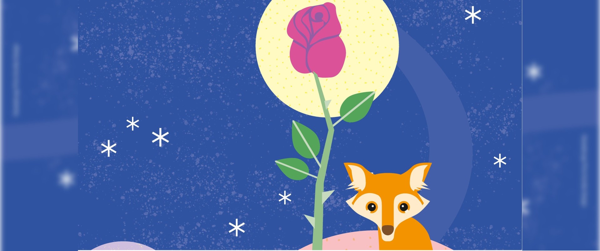 Illustriertes Plakat zu „Der kleine Prinz“ ein Fuchs sitzt auf einem kleinen Planeten neben einer Rose;