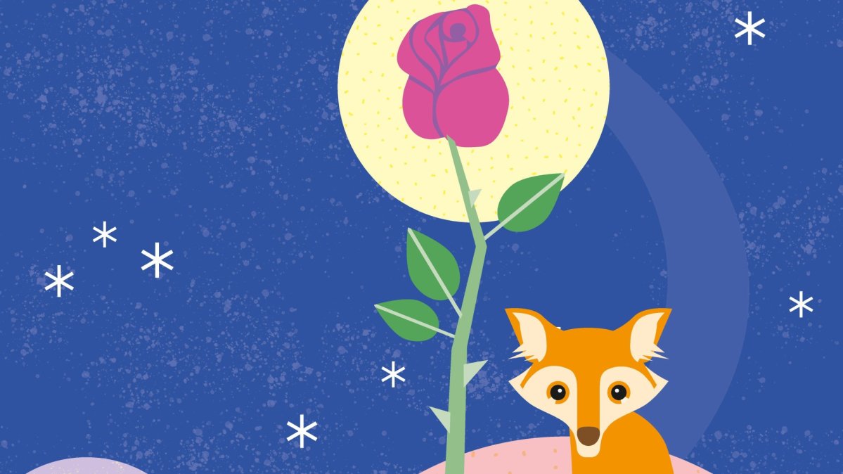 Illustriertes Plakat zu „Der kleine Prinz“ ein Fuchs sitzt auf einem kleinen Planeten neben einer Rose;