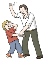 Ein Mann schlägt ein Kind.