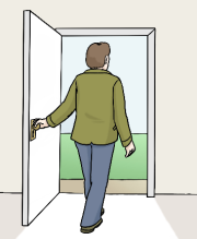 Eine Person geht durch eine Tür nach draußen