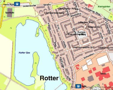Stadtplanausschnitt zeigt die Lage der Parkplätze am Rotter See 