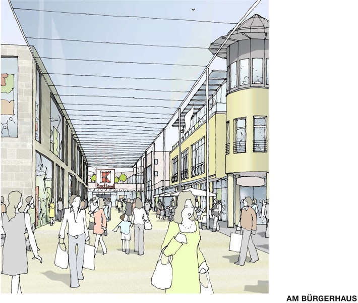 Erste Projektskizzen legten die Projektentwickler Procom und HBB für das gemeinsame Einkauszentrum auf dem Wilhelm-Hamacher-Platz vor