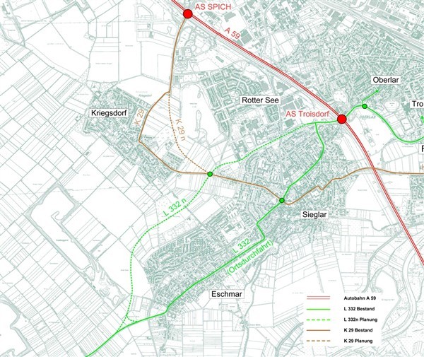 Die Gesamttrasse der L 332n ist planfestgestellt, die Ausführungsplanung vorbereitet.