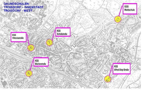 Zurzeit gibt es fünf Grundschulen in Troisdorf-Mitte.