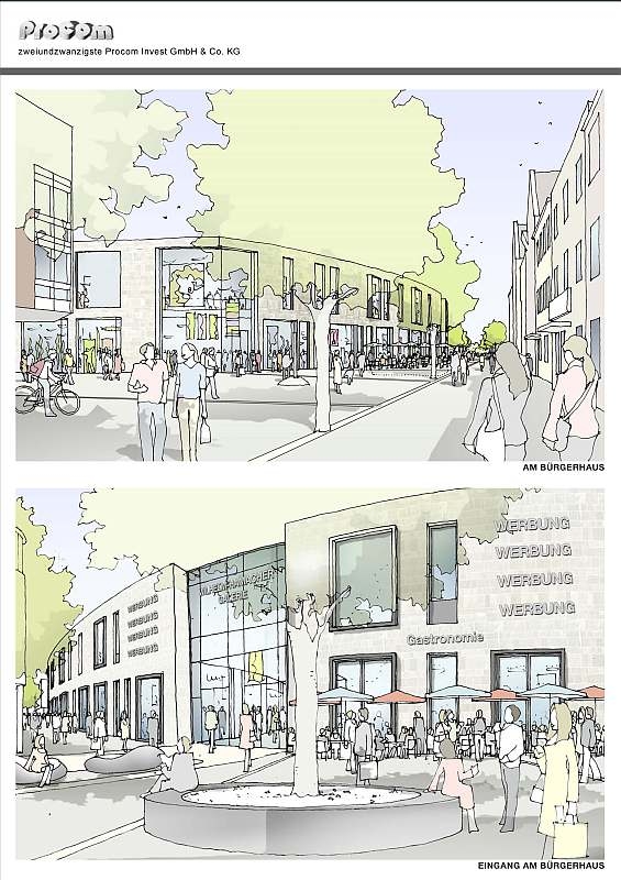 Ansichten der geplanten Einkaufspassage von "Am Bürgerhaus" und "Eingang Am Bürgerhaus"