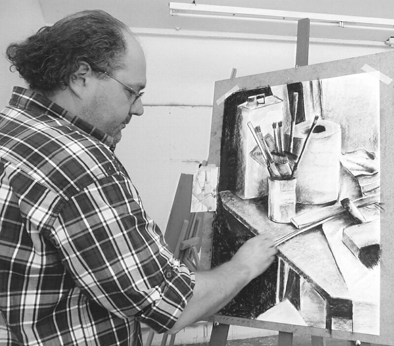 Andreas Oeldemann bei der Arbeit, natürlich in Schwarz-weiß.