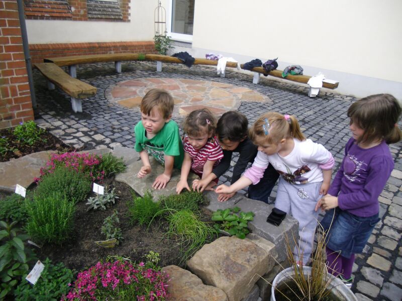 Kinder der Kita Am Wasserwerk freuen sich über einen Kräutergarten im Atrium.