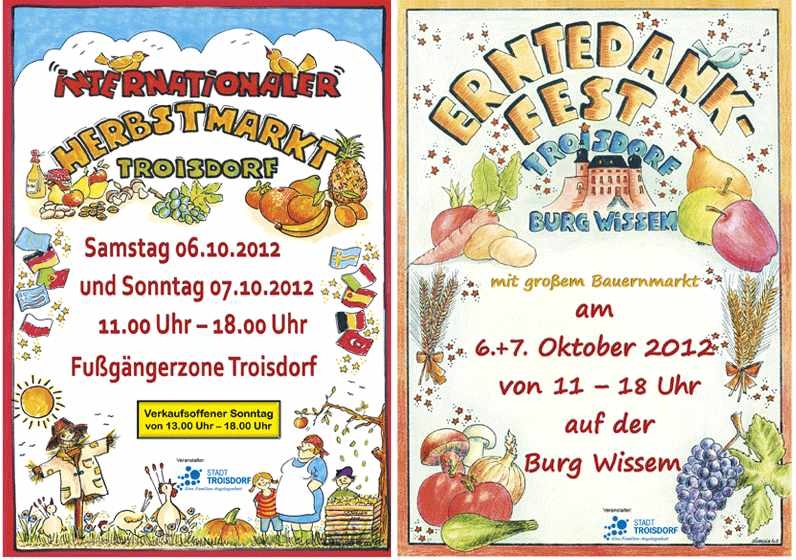 Plakate zum Internationalen Herbstmarkt in der Fußgängerzone und zum Erntedankfest an der Burg Wissem vom 6. bis 7. Oktober 2012