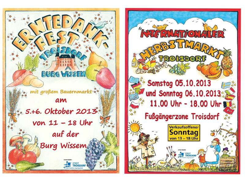 Plakate zum Erntedankfest und Herbstmarkt am Samstag und Sonntag, den 5. und 6. Oktober von 11 bis 18 Uhr auf Burg Wissem und in der Fußgängerzone