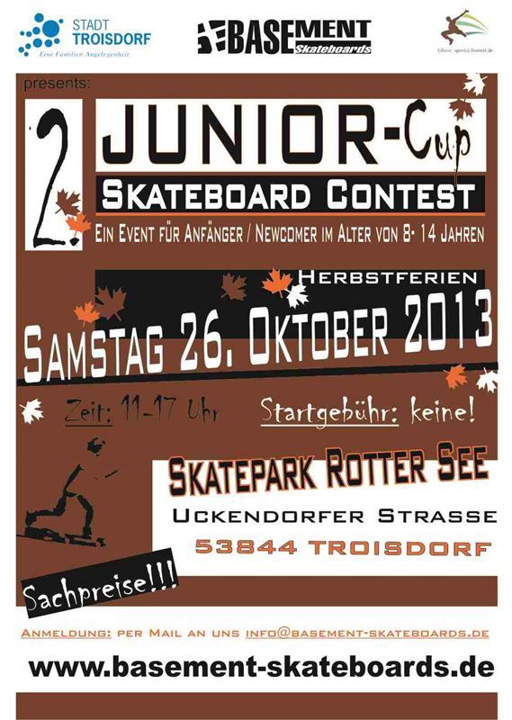 Plakat zum zweiten Junior-Cup, Skateboard Contest für Anfänger und Newcomer im Alter von 8 bis 14 am Samstag, den 26. Oktober im Skatepark Rotter See