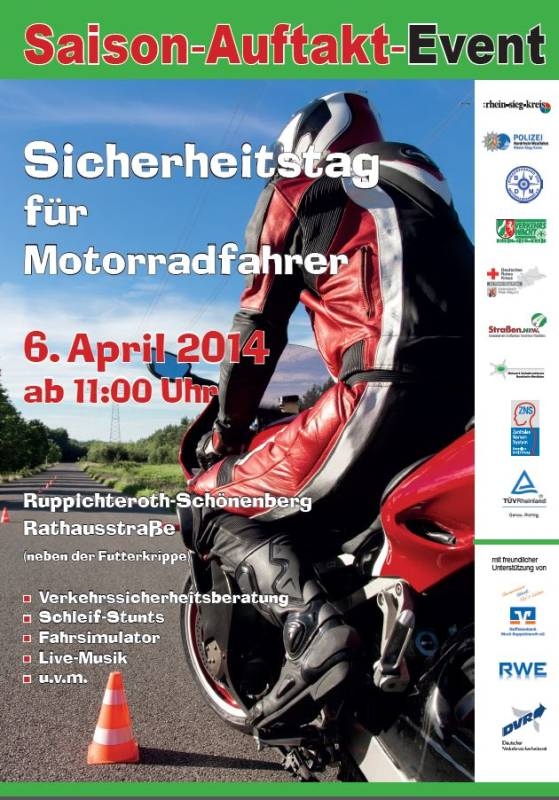 Plakat zum Sicherheitstag für Motorradfahrer am 6. April ab 11:00 Uhr in Ruppichteroth Schönenberg