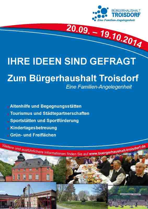 Plakat Bürgerhaushalt Troisdorf vom 20.09. bis 19.10.2014: Ihre Ideen sind gefragt