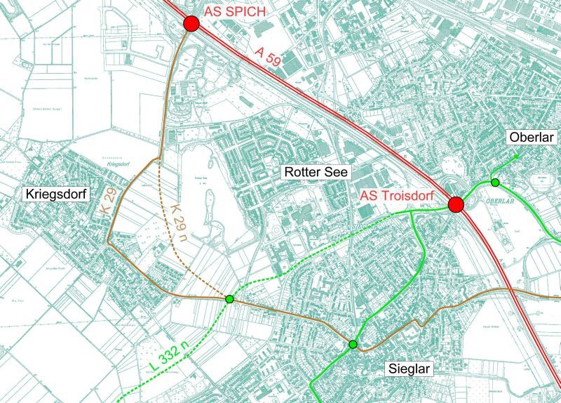 Plan der Umgehung zwischen Kriegsdorf und Sieglar.
