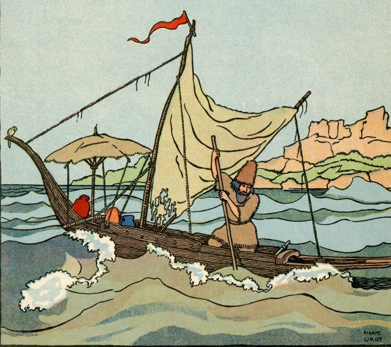 Auf Fahrt um die Insel: Illustration von Uriet aus einem Robinson-Buch von 1930. Repro: Verlag A. Mame et fils, Tours.