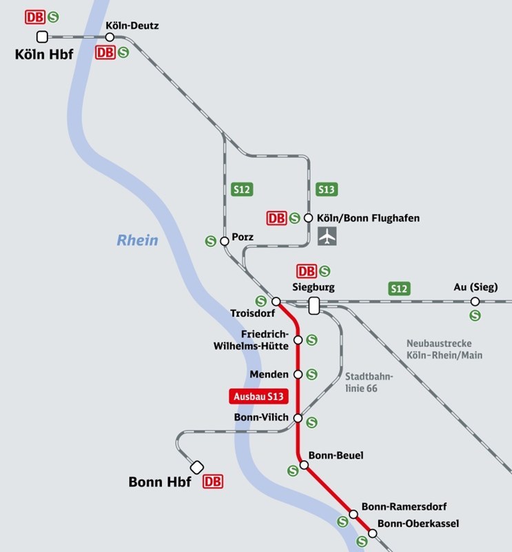 Der Streckenplan für den Neubau S13 mit den Haltepunkten.