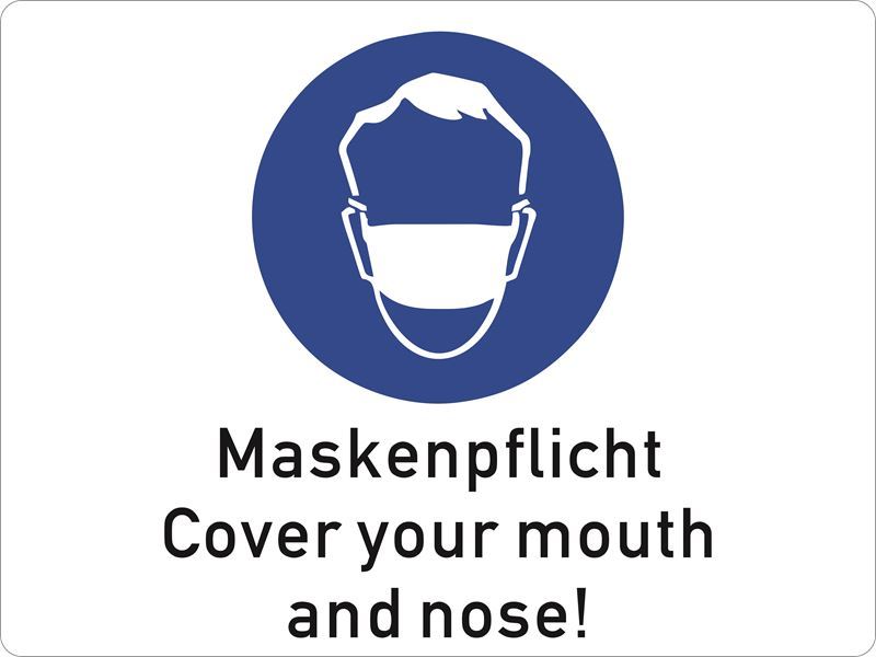 Mit diesem Schild wird in der Troisdorfer Fußgängerzone auf die Maskenpflicht hingewiesen
