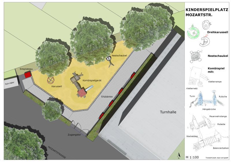 Der Plan für den Spielplatz Mozartstraße mit den Ideen der Kinder.