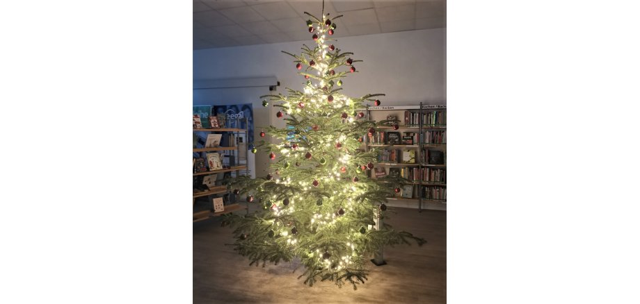 Der Weihnachtsbaum zwischen Büchern in der Stadtbibliothek.