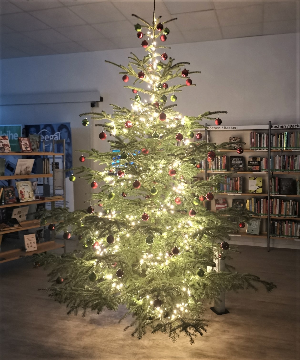 Der Weihnachtsbaum zwischen Büchern in der Stadtbibliothek.