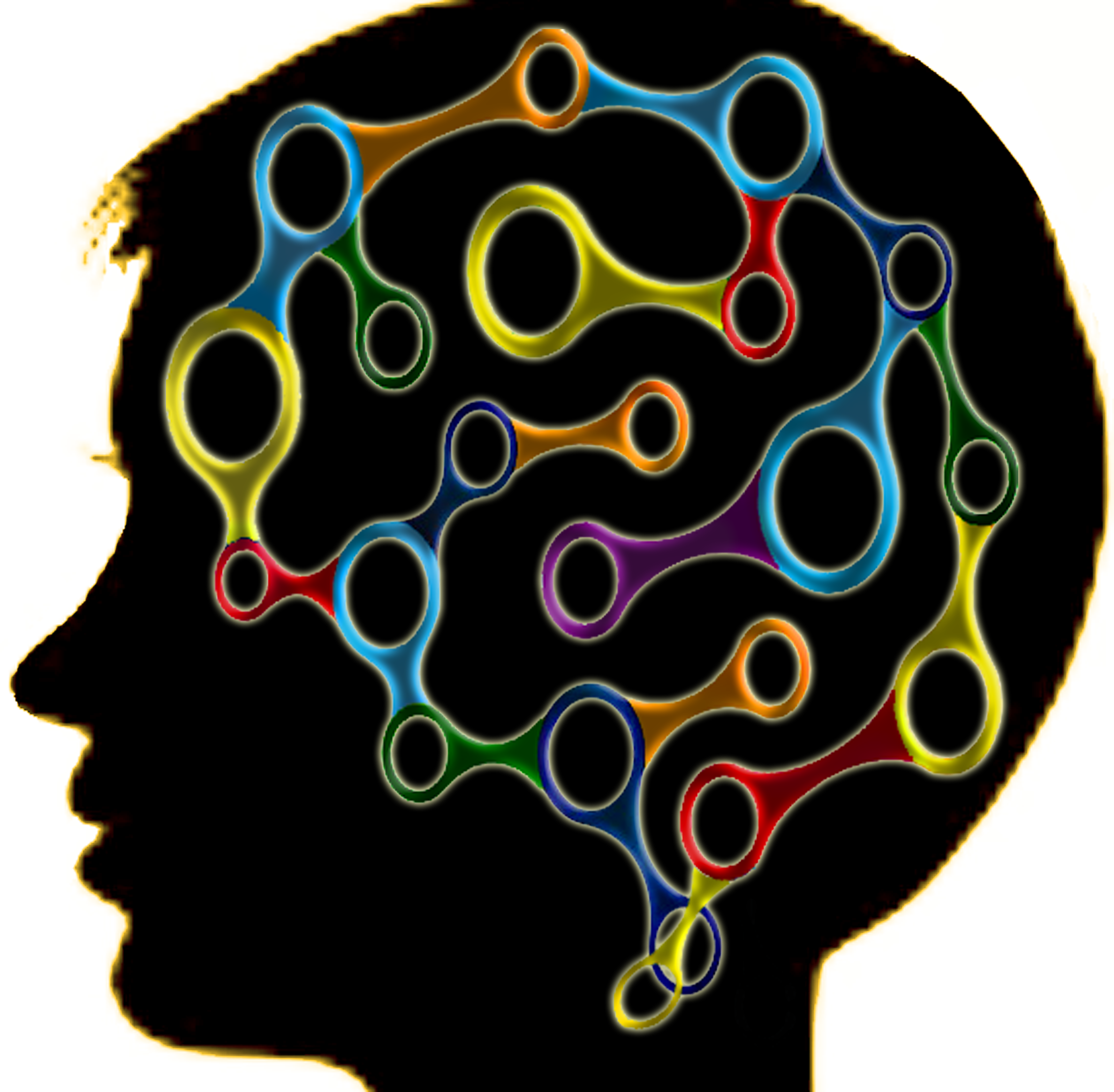 Schwarzer Kopfumriss mit bunten, verbundenen Schlängeln im Schädel