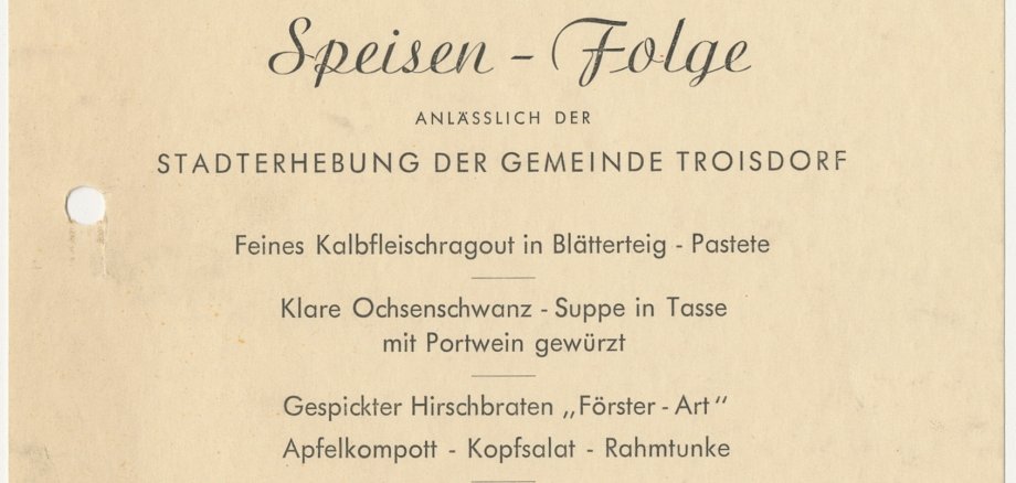 Alte Karte "Speisen-Folge anlässlich der Stadterhebung der Gemeinde Troisdorf"