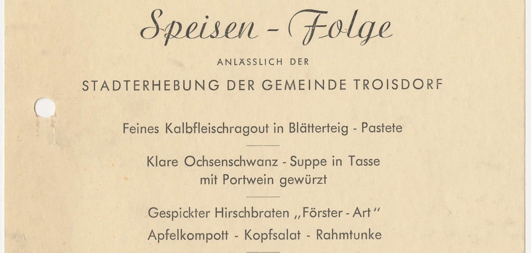 Alte Karte "Speisen-Folge anlässlich der Stadterhebung der Gemeinde Troisdorf"