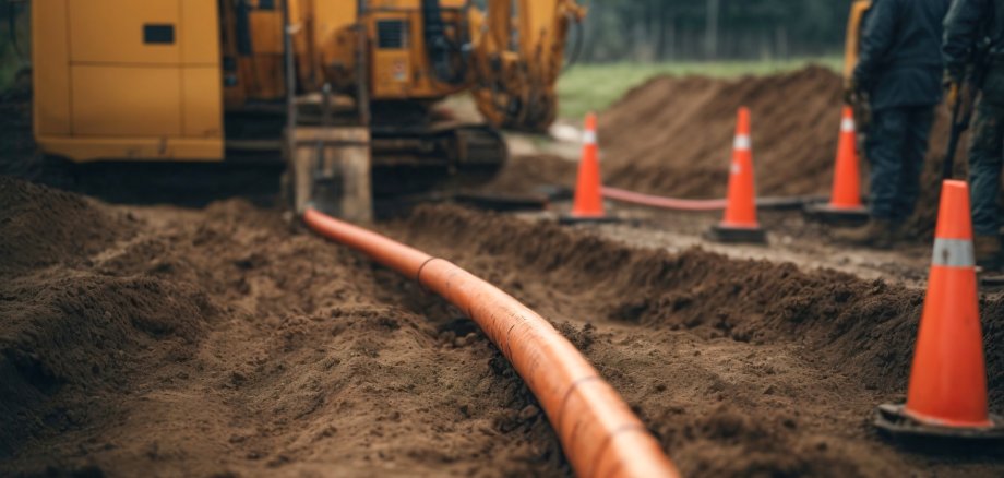 Baustelle: Orangefarbene Rohre werden verlegt