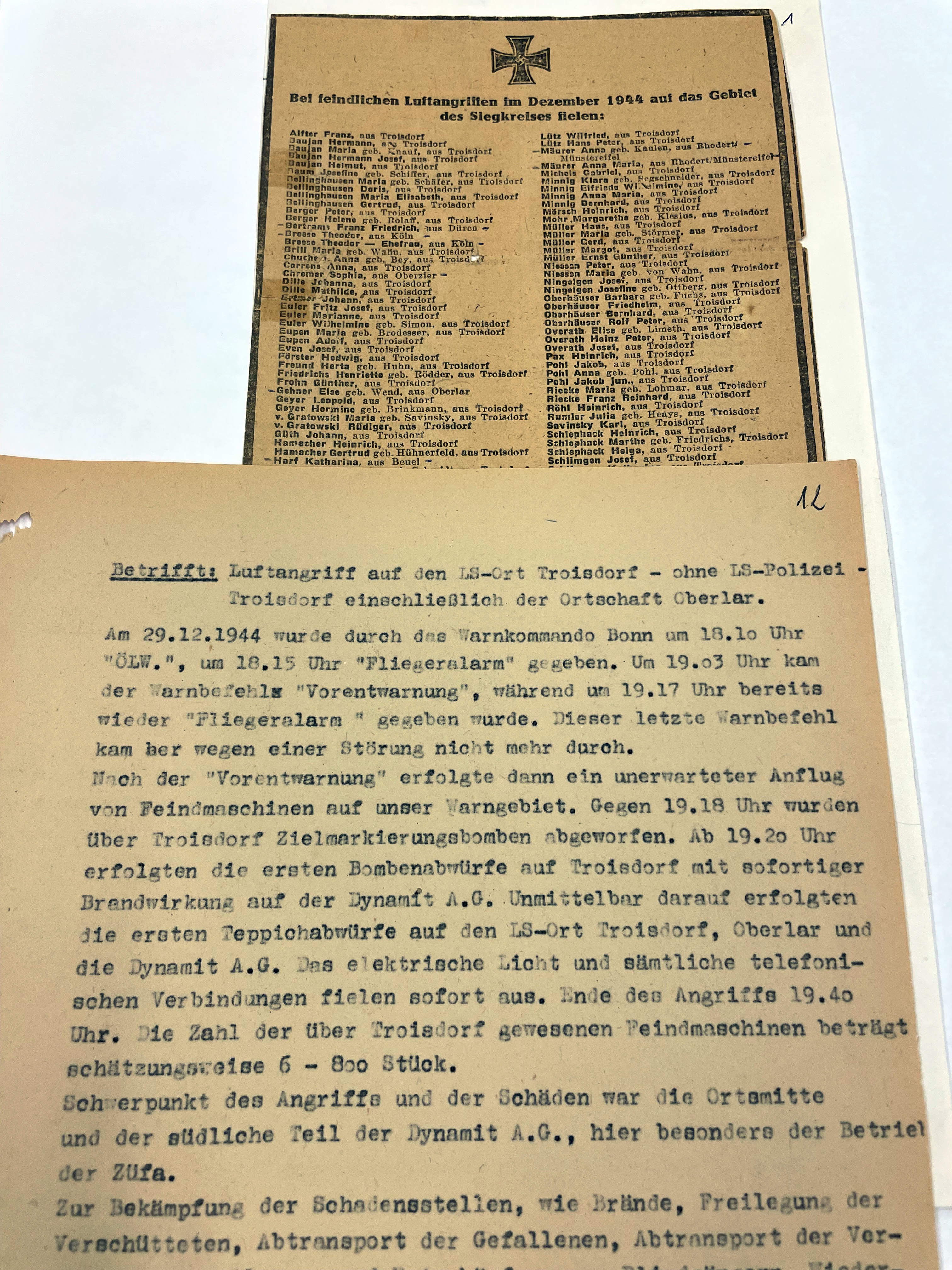 Bericht zum Luftangriff vom 29.12.1944 und Liste, der bei Luftangriffen im Dezember 1944 auf das Gebiet des Siegkreises gefallenen Personen, Quelle: Stadtarchiv Troisdorf, A 3396