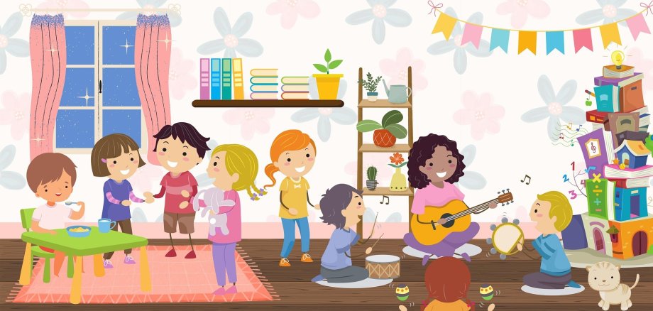 Grafik: Kinder spielen auf Musikinstrumenten, Frau mit Gitarre