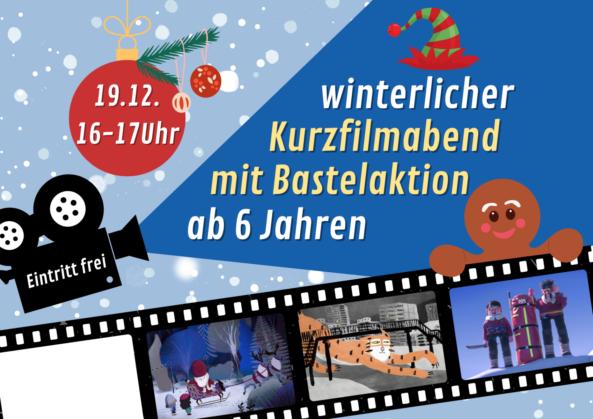 Plakat "Winterlicher Kurzfilmabend mit Bastelaktion"