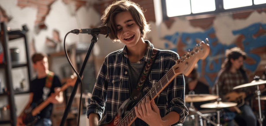 A young musician playing guitar and singing passionately in a vibrant rehearsal space with a lively band. Junger Musiker spielt Gitarre