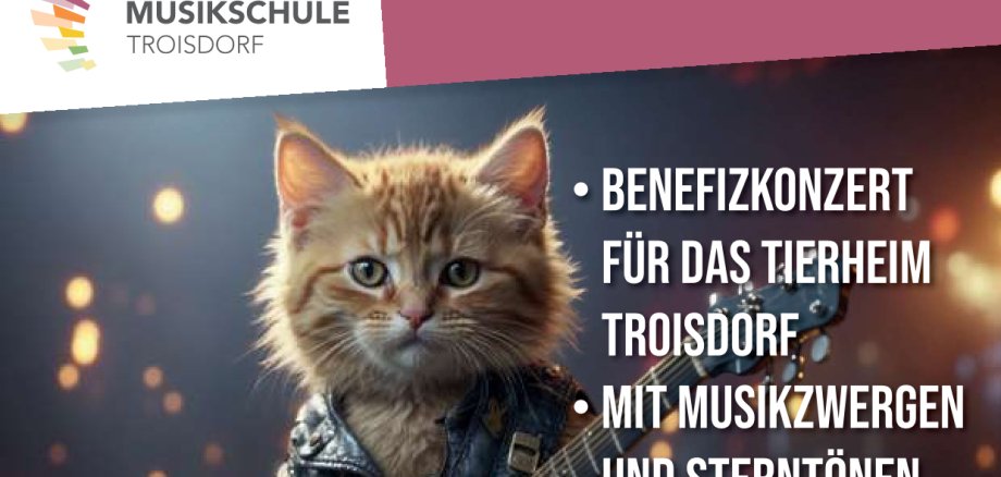 Flyer für das Event ‚Mucke für die Katz!‘, mit Informationen zur Musikveranstaltung und zum gemeinnützigen Zweck zugunsten von Katzen