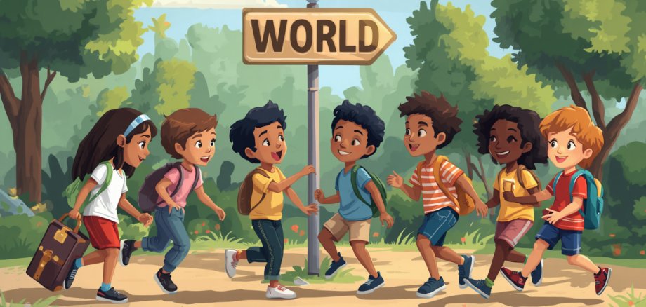Kinderferienprogramm Ki-generiertes Symbolbild, auf dem Kinder um ein Schild laufen, auf dem Welt steht