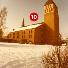 10. Türchen: Römisch-katholische Kirche St. Hippolytus in der Hippolytusstraße, aufgenommen am 14.01.1982 (Fotograf: Fritz Vogel; Stadtarchiv Troisdorf, Fotonachlass Vogel)