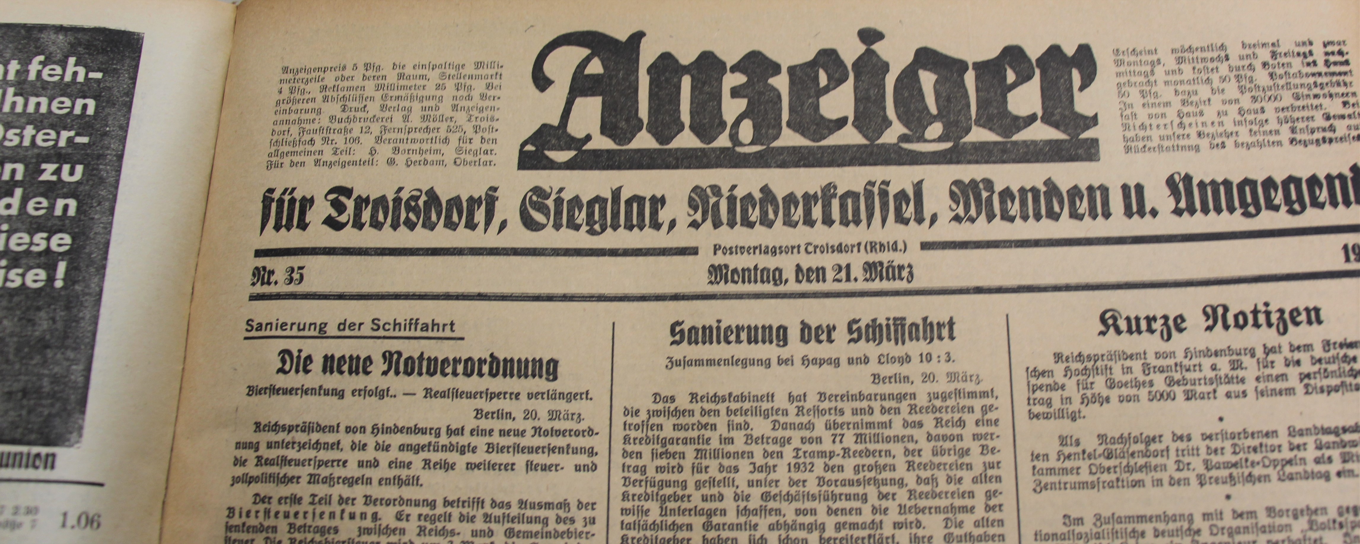 Anzeiger für Troisdorf etc. vom 21. März 1932 (Bild: Stadtarchiv Troisdorf)