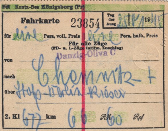 Zugfahrkarte von Ingrid Lehmann und ihrer Mutter von Danzig nach Chemnitz vom 25. Januar 1945