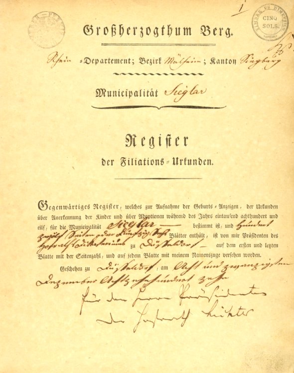 Ältestes Sieglarer Geburtsregister aus dem Jahr 1811 (Bild: Stadtarchiv Troisdorf) Ältestes Sieglarer Geburtsregister aus dem Jahr 1811 (Bild: Stadtarchiv Troisdorf)