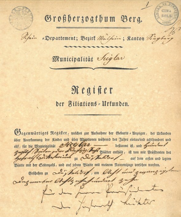 Ältestes Sieglarer Geburtsregister aus dem Jahr 1811 (Bild: Stadtarchiv Troisdorf)
Ältestes Sieglarer Geburtsregister aus dem Jahr 1811 (Bild: Stadtarchiv Troisdorf)