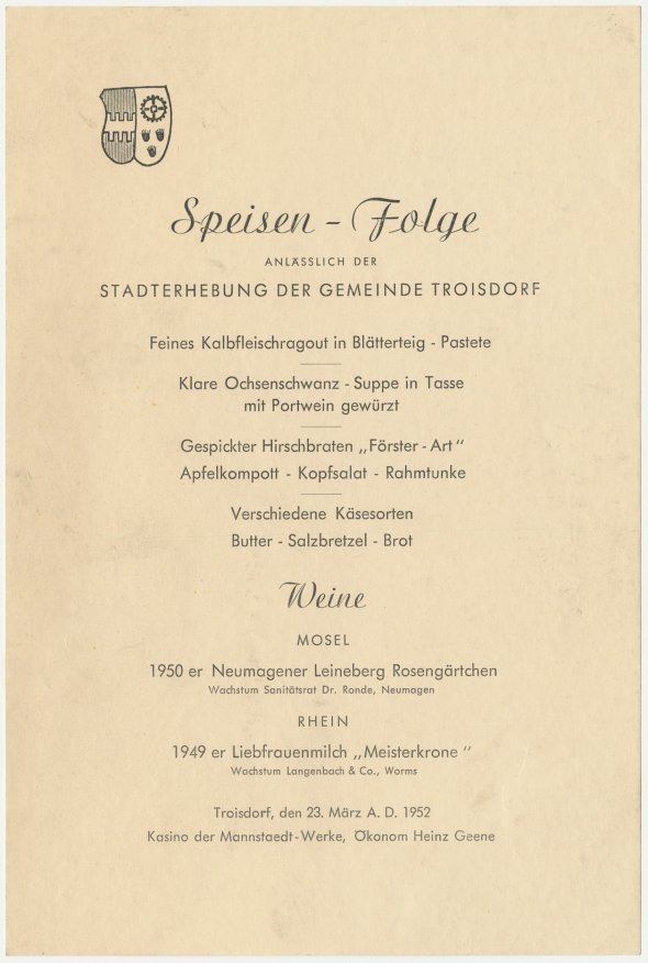 Speisen-Folge anlässlich der Stadterhebung der Gemeinde Troisdorf, 23. März 1952 (Bild: Stadtarchiv Troisdorf)