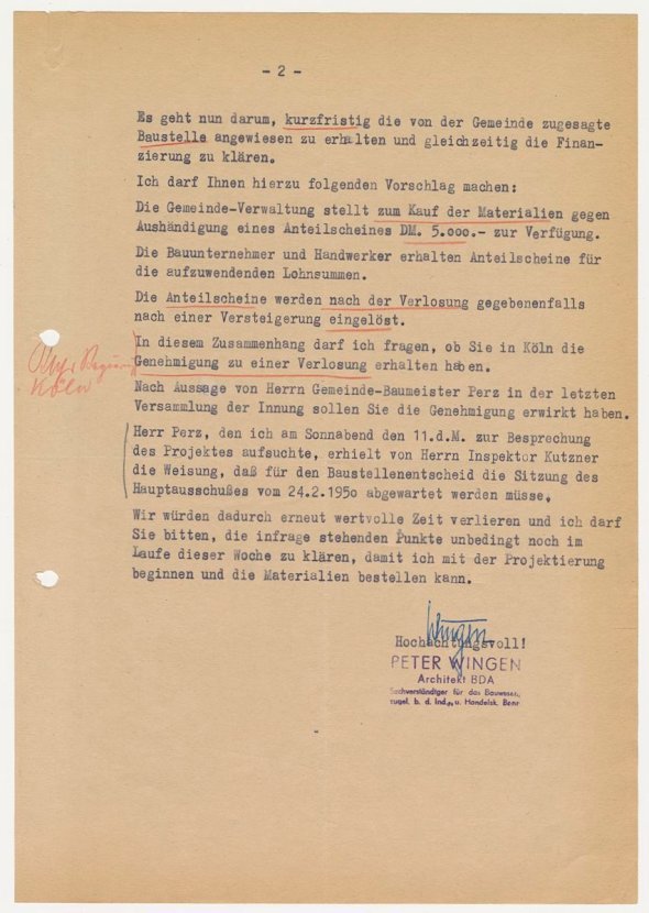 Schreiben des Architekten Peter Wingen an Gemeindedirektor Mathias Langen vom 14. Febraur 1950, Seite 2 (Bild: Stadtarchiv Troisdorf)