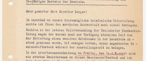Schreiben des Architekten Peter Wingen an Gemeindedirektor Mathias Langen vom 14. Februar 1950, Seite 1 (Bild: Stadtarchiv Troisdorf)