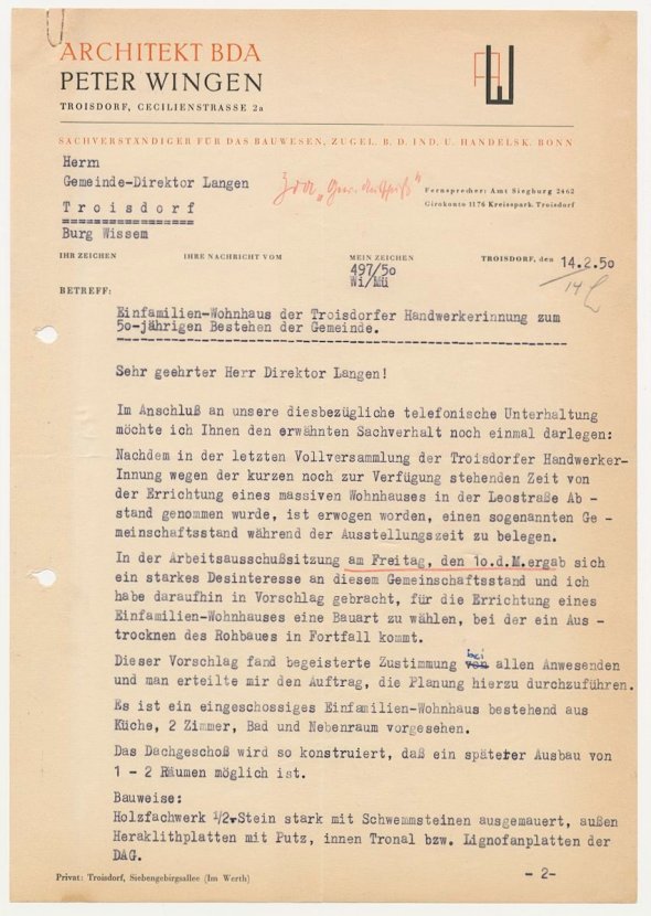 Schreiben des Architekten Peter Wingen an Gemeindedirektor Mathias Langen vom 14. Februar 1950, Seite 1 (Bild: Stadtarchiv Troisdorf)