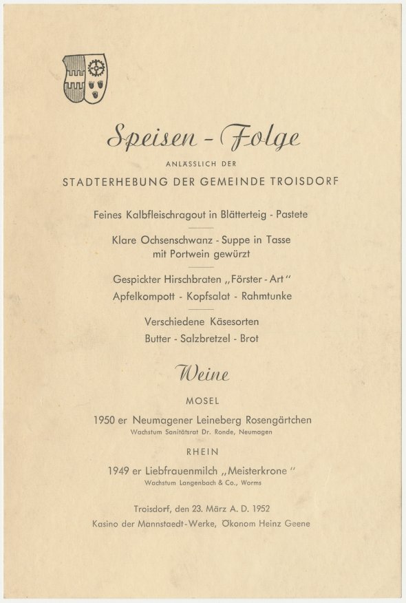 Speisen-Folge anlässlich der Stadterhebung der Gemeinde Troisdorf, 23. März 1952 (Bild: Stadtarchiv Troisdorf)