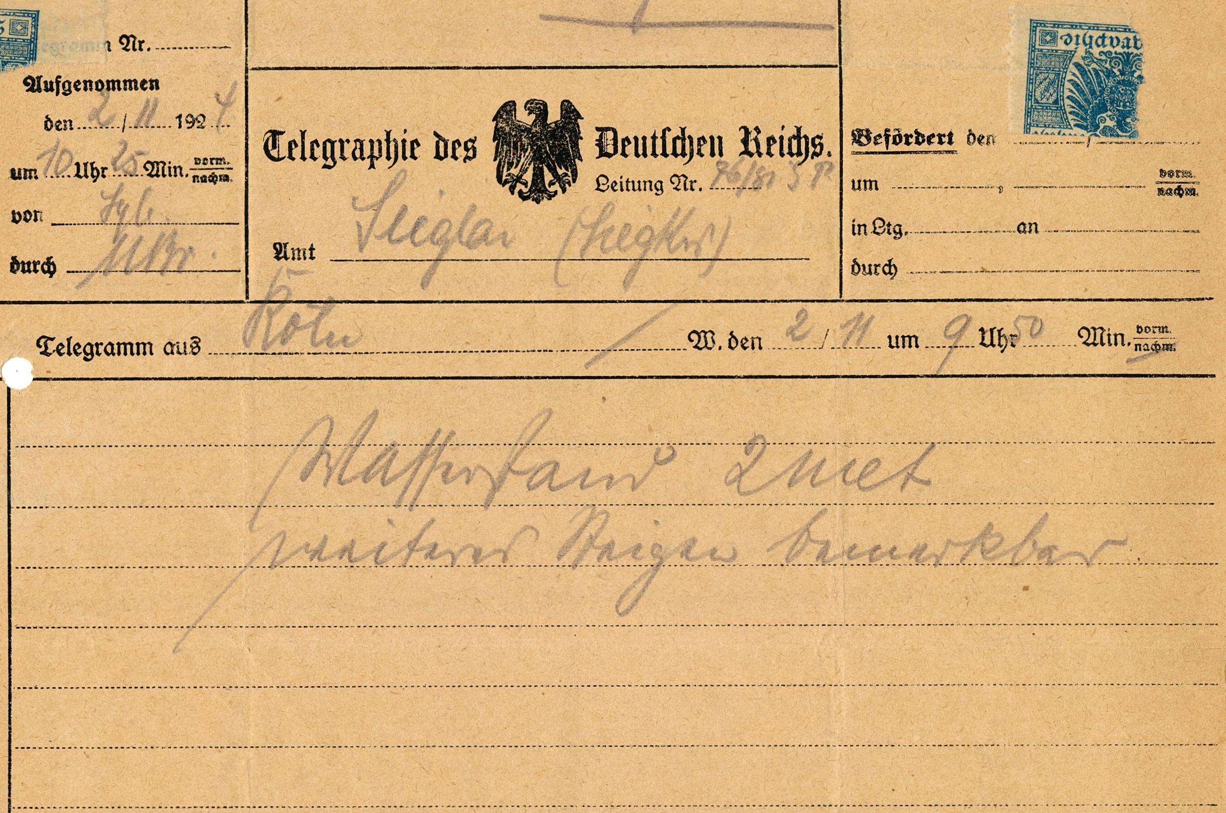 Telegramm an die Gemeindeverwaltung Sieglar mit dem Hinweis zum steigenden Wasserstand aus dem Jahr 1924 (Bild: Stadtarchiv Troisdorf) Telegramm an die Gemeindeverwaltung Sieglar mit dem Hinweis zum steigenden Wasserstand aus dem Jahr 1924 (Bild: Stadtarchiv Troisdorf)