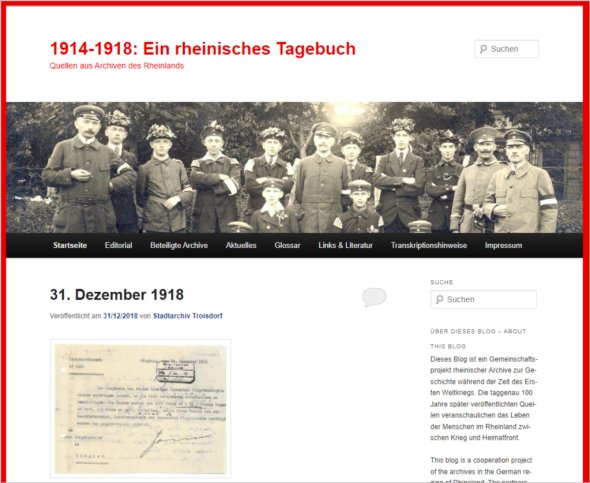 Startseite des Blogs: "1914-1918: Ein rheinisches Tagebuch" (Screenshot: Stadtarchiv Troisdorf)