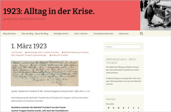 Startseite des Blogs: "1923: Alltag in der Krise." (Screenshot: Stadtarchiv Troisdorf)