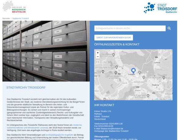 Auftritt des Stadtarchivs Troisdorf bei "Archive in Nordrhein-Westfalen" (Screenshot: Stadtarchiv Troisdorf) Auftritt des Stadtarchivs Troisdorf bei "Archive in Nordrhein-Westfalen" (Screenshot: Stadtarchiv Troisdorf)