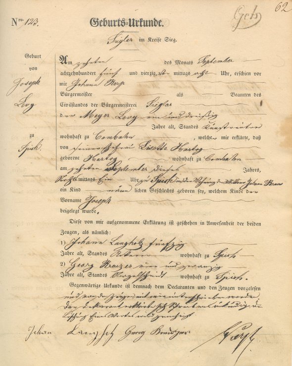 Geburtsurkunde aus dem Jahr 1845 (Digitalisat abrufbar bei Ancestry) (Bild: Stadtarchiv Troisdorf)