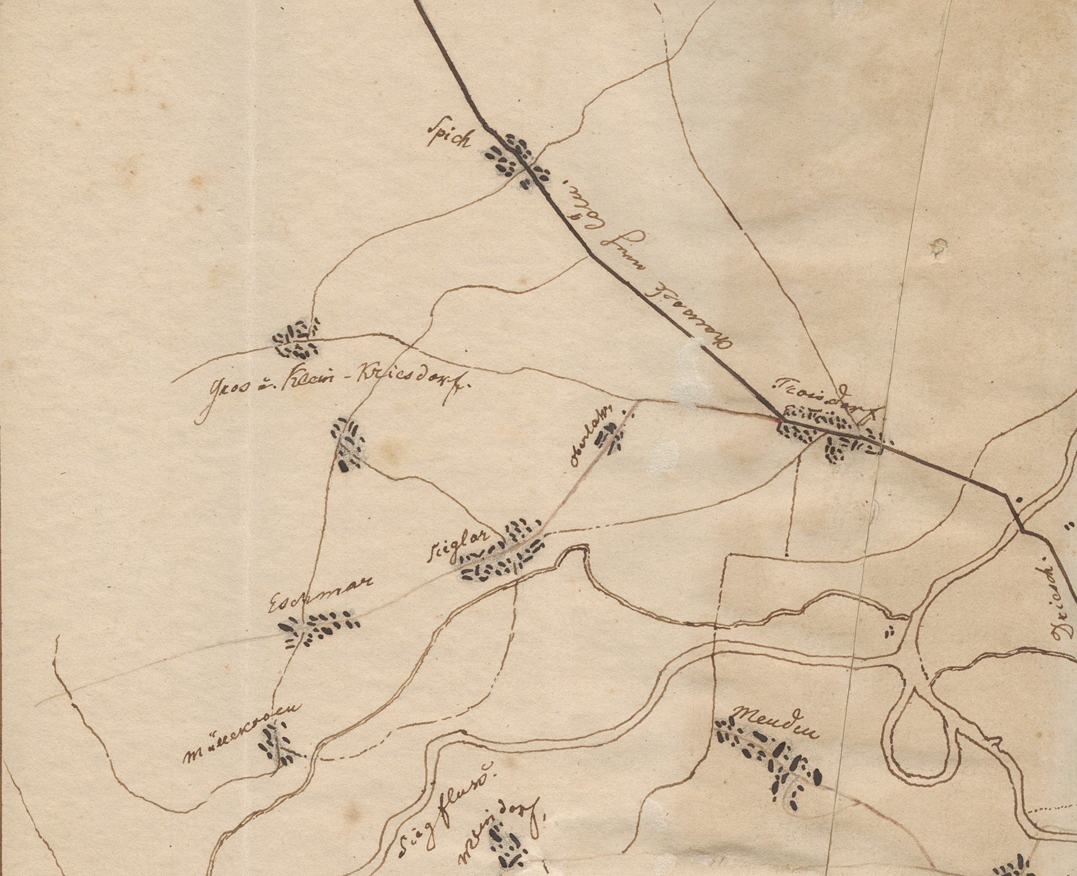 Karte mit Troisdorf, Sieglar, Eschmar, Oberlar, Kriegsdorf, um 1824 (Quelle: Stadtarchiv Troisdorf, A 151)